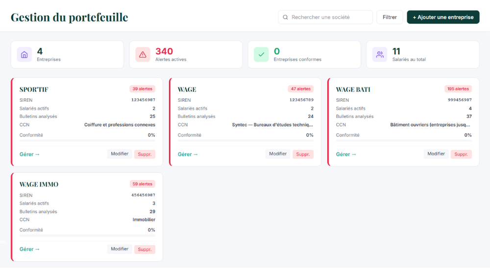 Un exemple de tableau de bord de gestion des portefeuilles d'entreprises avec toutes les infos utiles mentionnés ainsi que des accès rapides aux analyses complètes